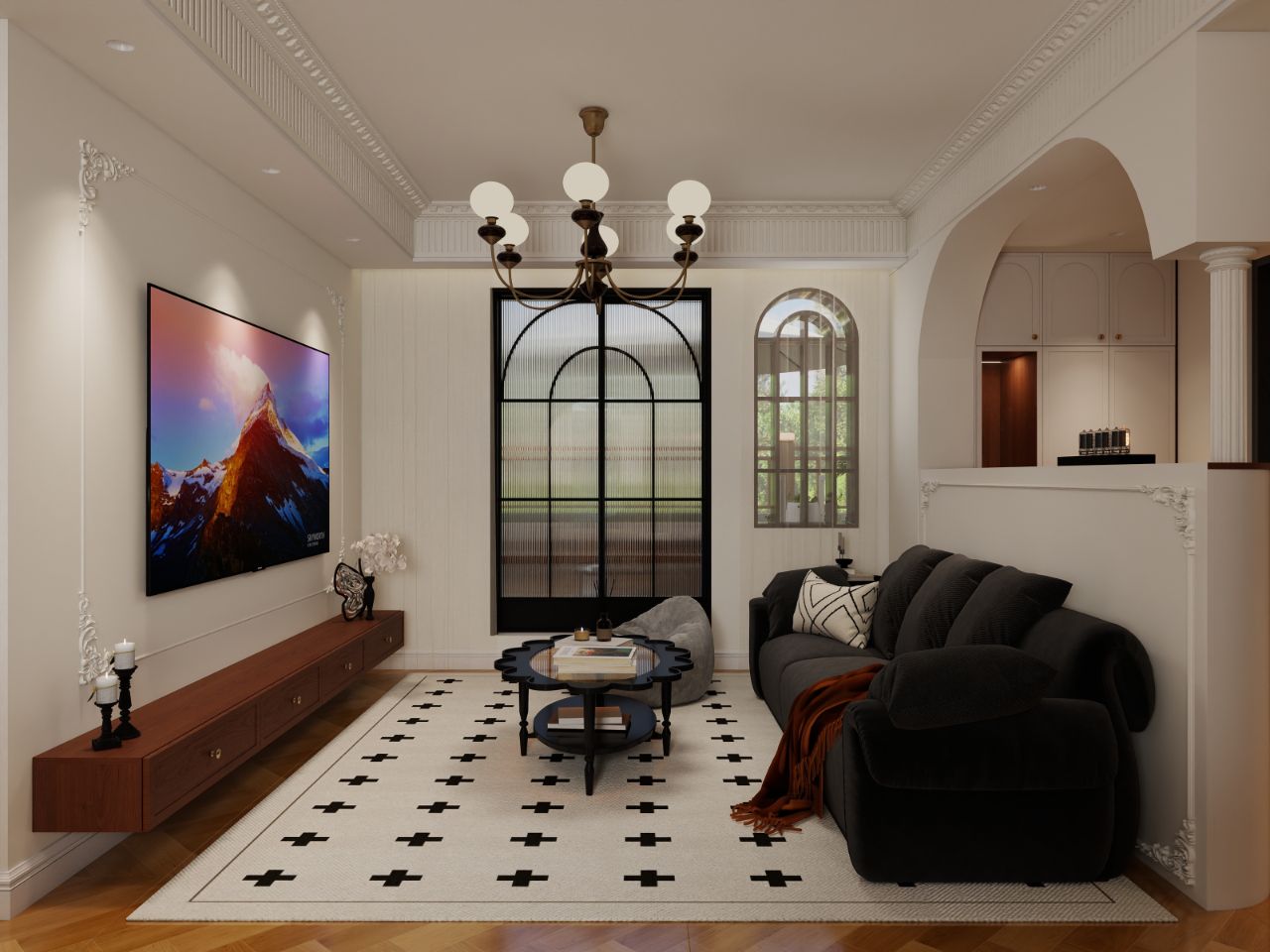 北京通州潞苑装修效果中古风-三室两厅-125平米-案例